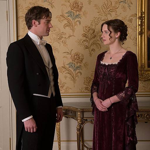 Photograph of a man in a black tuxedo and a woman in a dark purple lace dress, standing in an ornate, vintage room with