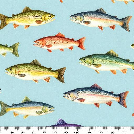 Digital illustration of colorful fish with varied patterns, including green, yellow, and red, swimming against a bright blue background.