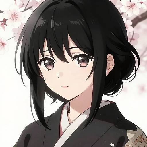 Anime-style digital drawing of a young woman with black hair, purple eyes, and a black kimono, set against a cherry blossom background.