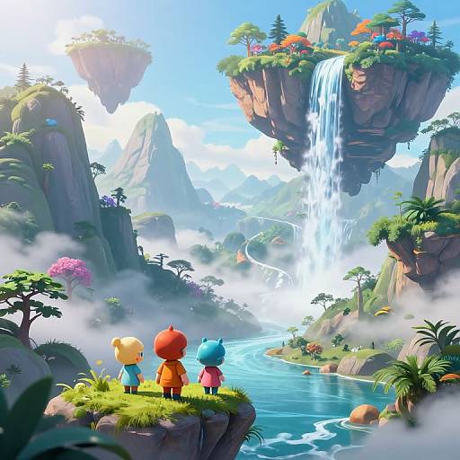 Digital illustration of three colorful, chibi-style characters standing on a cliff, gazing at a vibrant, floating island waterfall landscape.