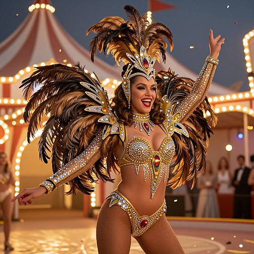 Photograph of a smiling, brown-skinned female performer in a glittering, gold and black feathered costume, dancing outdoors at night by a brightly