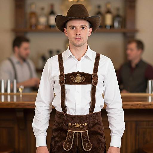 Photograph of a young Caucasian man in traditional Bavarian attire: brown leather suspenders, white shirt, brown hat, standing in a blurred bar background
