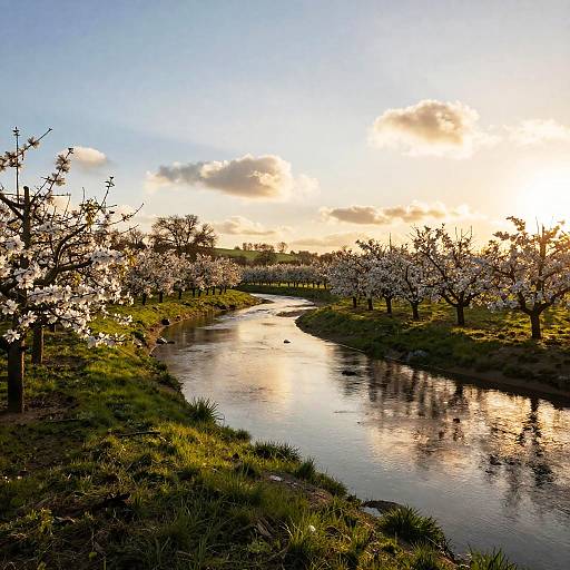 Peaceful Riverbend Orchard Scene