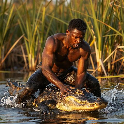 Man Fighting Alligator in Reeds
