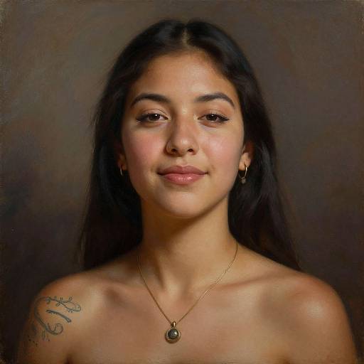 Photograph of a young woman with long dark hair, light brown skin, and a subtle smile, wearing a gold necklace, hoop earrings, and a