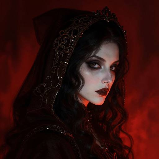 Gothic-style digital portrait of a pale woman with dark, wavy hair, wearing a black, ornate hooded cloak, against a red