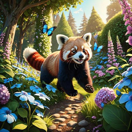 Playful Red Panda in Flower Garden