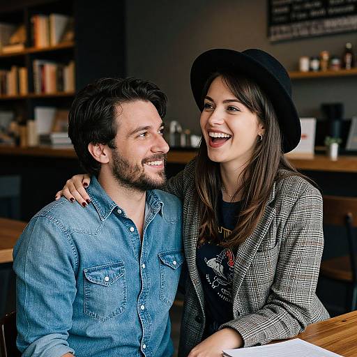Photograph of a smiling couple in a coffee shop; man in blue denim shirt, woman in black hat and checkered blazer.