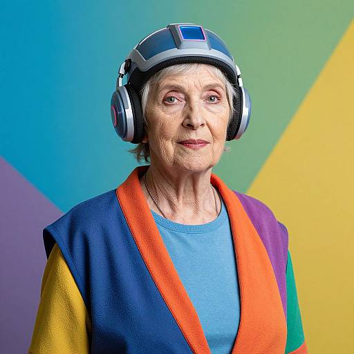 Photograph of an elderly woman with short white hair, wearing a futuristic helmet, blue shirt, and colorful vest, against a vibrant, geometric background.