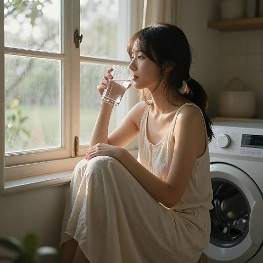 Photograph of a young Asian woman with long black hair, sitting by a sunlit window, wearing a white sundress, sipping from a glass