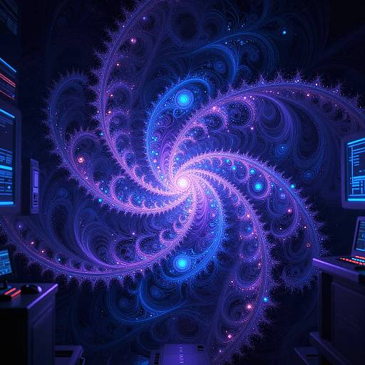 Digital artwork of a glowing, swirling, purple and blue fractal vortex with neon accents, set against a dark, futuristic control room with glowing computer screens