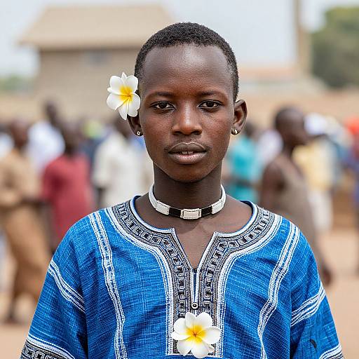 Photograph of a young African woman with dark skin, wearing a blue embroidered top, white choker, and white daisy flower in hair, standing