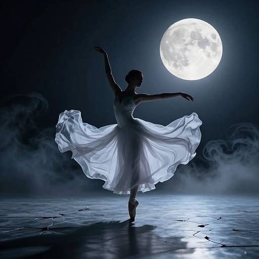 Silhouetted ballerina in flowing white dress dances under a bright full moon, with mist and cracks on the floor. Photographic artwork.