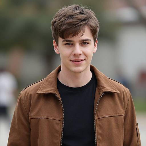 Photograph of a young white man with short brown hair, wearing a brown suede jacket over a black shirt, smiling softly, with a blurred outdoor background