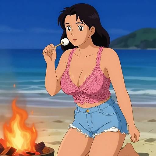 Anime-style illustration of a woman with black hair, wearing a pink lace bralette and blue denim shorts, eating a marshmallow by a beach campfire