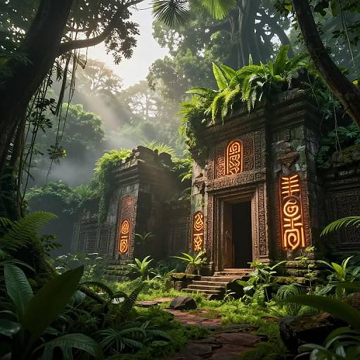 Photograph of an ancient, jungle-covered temple with glowing orange hieroglyphs, surrounded by dense greenery and sunlight filtering through trees.