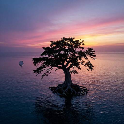 Surreal Dawn Seascape with Twisted Tree