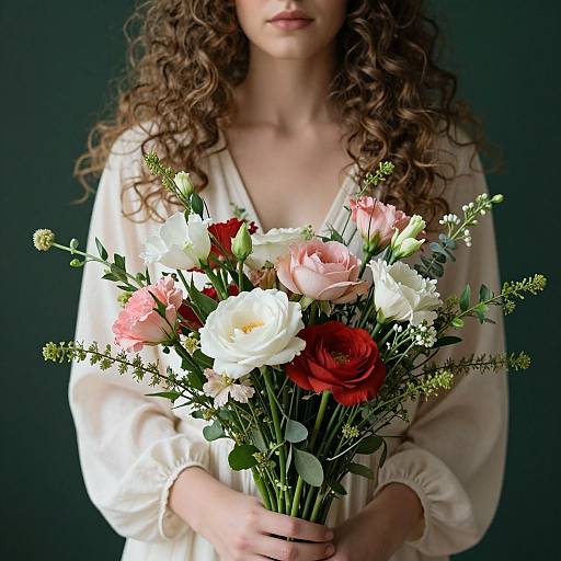 Photograph of a woman with curly brown hair, wearing a white blouse, holding a bouquet of white, pink, and red flowers against a dark green