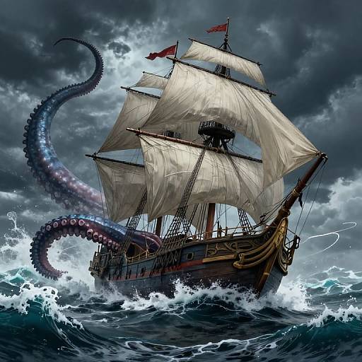 Sailing Ship Attacked by Giant Squid