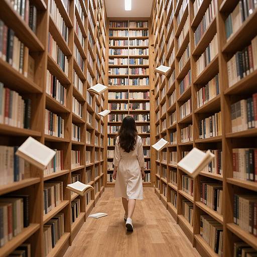 Photograph of a woman with long black hair in a white dress walking down a wooden bookshelf-filled library aisle with floating books.
