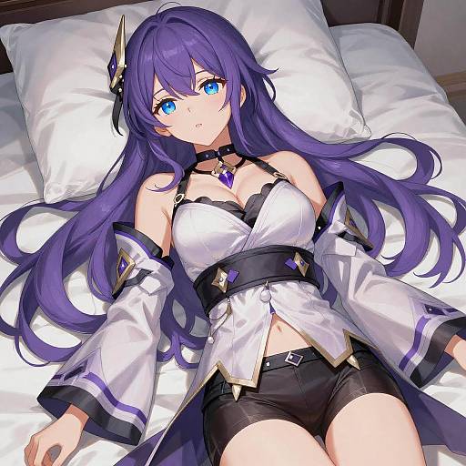 Anime Girl with Purple Hair Lying on Bed