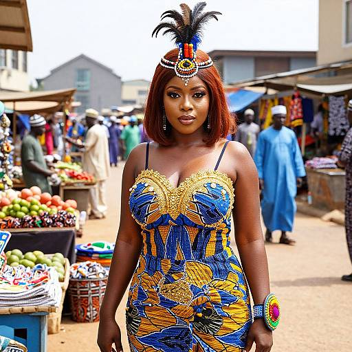 Photograph of a Black woman with red hair, wearing an ornate blue and yellow dress, feathered headpiece, and colorful beads, standing in