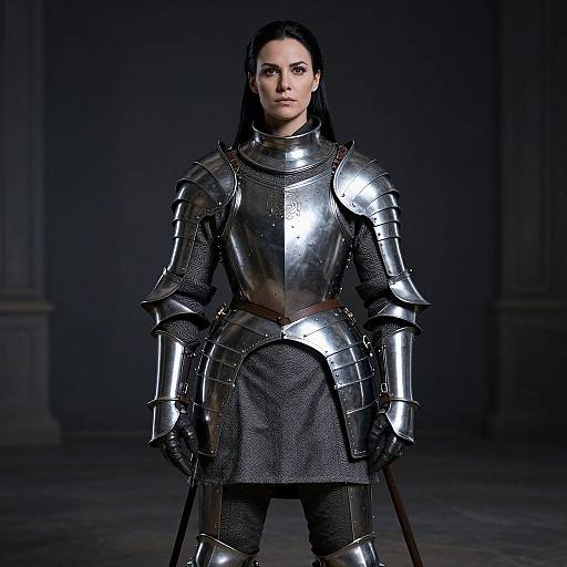 Photograph of a serious-looking woman with long black hair in shiny, medieval-style silver armor, standing in a dark, dimly lit room.