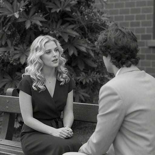 Black-and-white photograph of a blonde woman with wavy hair in a black dress, sitting on a bench, facing a man in a light shirt,