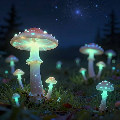 Photograph of glowing, bioluminescent mushrooms with blue-green lights in a dark forest under a starry night sky, surrounded by grass.