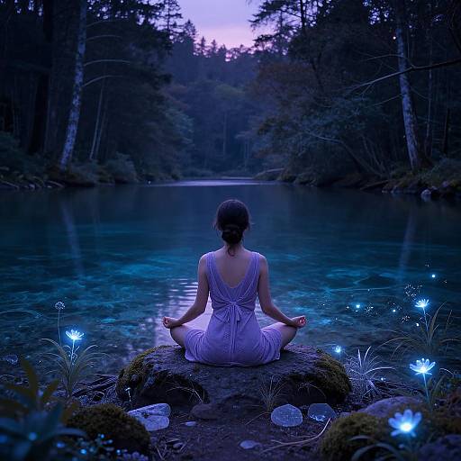 Photograph of a woman in a white dress, meditating on a rock by a glowing lake, surrounded by blue bioluminescent flowers in a