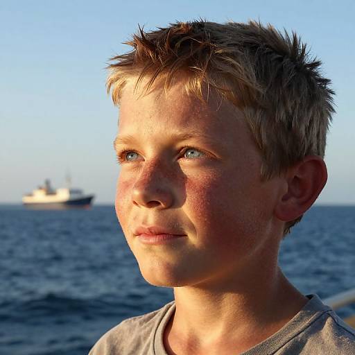 Photograph of a young boy with short, messy blonde hair and blue eyes, wearing a light gray shirt, standing on a boat, with a blurry