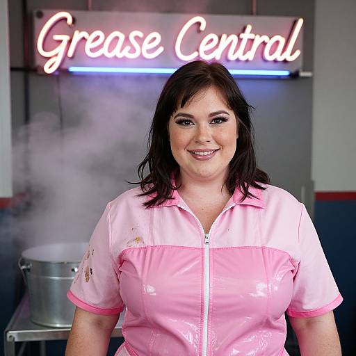 Photograph of a smiling woman with dark hair, wearing a pink and white uniform, standing in front of a neon 