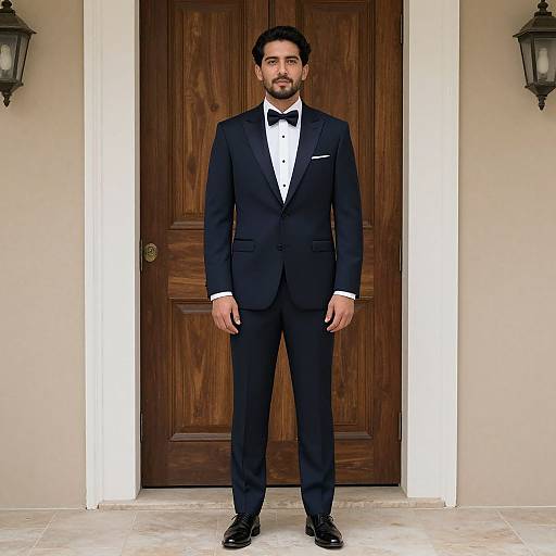Photograph of a bearded man in a black tuxedo with a white shirt and black bow tie, standing in front of a wooden door.