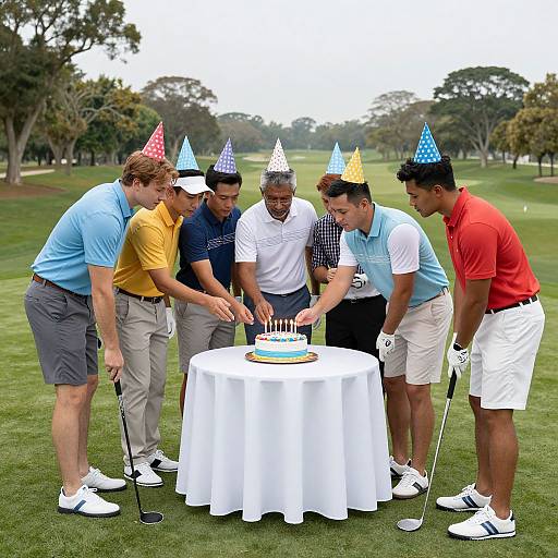 Six men in colorful hats and golf attire, celebrating outdoors by a round table with a birthday cake on greenery.