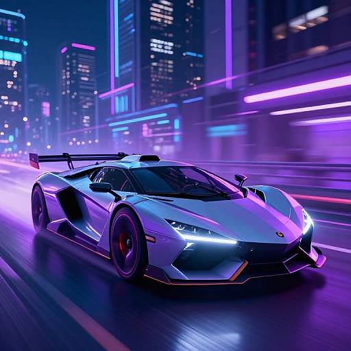 Neon-lit cyberpunk city night scene featuring a sleek, silver Lamborghini with glowing purple headlights and red accents speeding down a brightly illuminated street.