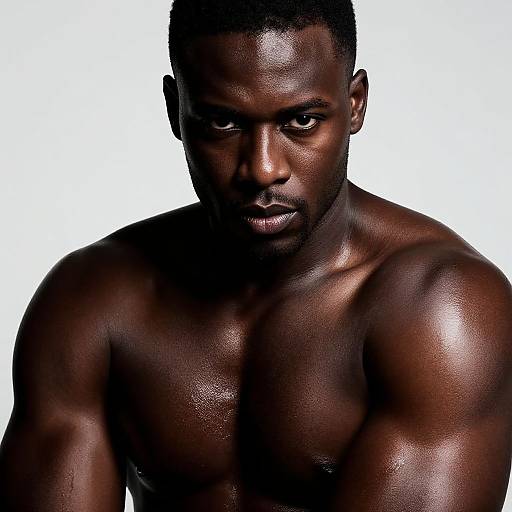 Photograph of a muscular, dark-skinned, shirtless man with glistening skin, intense gaze, and short hair, set against a stark white