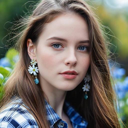 Young Woman with Floral Earrings and Plaid Shirt