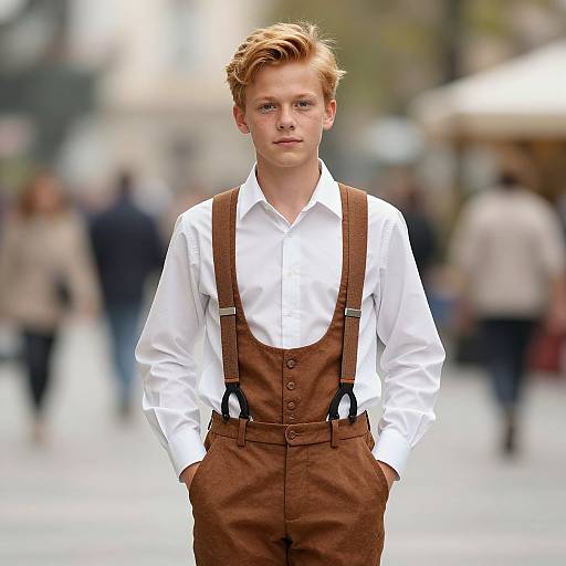 Photograph of a young boy with blonde hair, wearing brown suspenders over a white shirt, standing in a blurred, urban street.