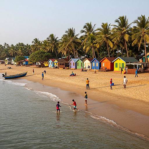 Colorful beach scene: children playing in shallow water, palm trees, vibrant beach huts, and a boat on golden sand under clear sky.