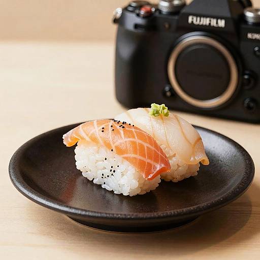 Photograph of a black plate with a sushi roll (white rice and pink salmon) topped with black sesame seeds and a small green garnish, beside