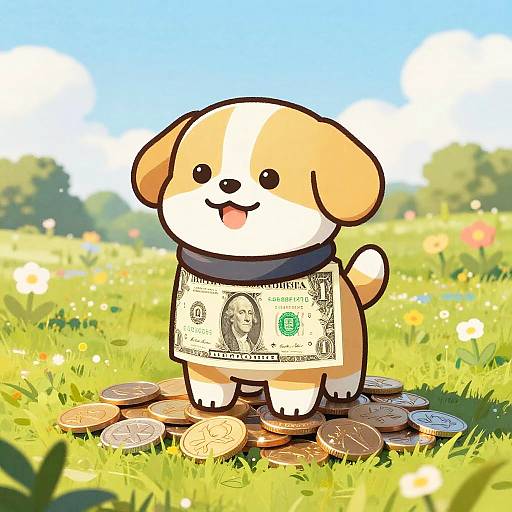 Playful Dollar Bill Dog Cartoon