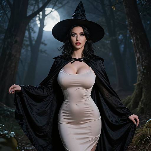 Photograph of a curvy woman with pale skin, large breasts, wearing a tight white dress, black witch hat, and cape, standing in a