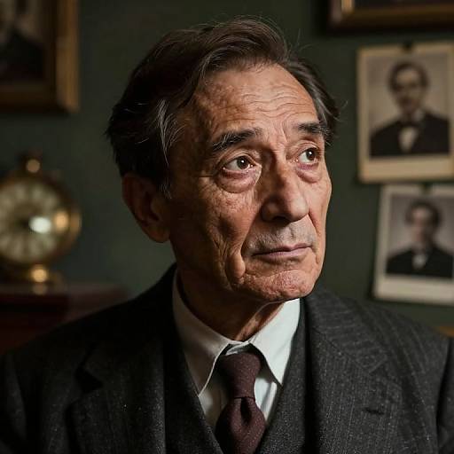 Photograph of an elderly man with wrinkled skin, dark gray hair, wearing a dark suit, white shirt, and maroon tie, standing in