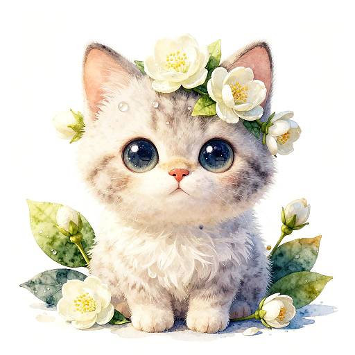 Cute digital illustration of a white, fluffy kitten with large blue eyes, adorned with white flowers in its fur and surrounding leaves.