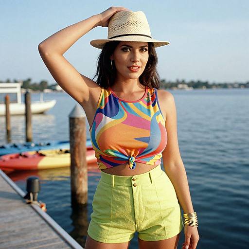 Photograph of a dark-haired woman in a colorful tie-dye crop top, yellow shorts, and straw hat, standing by a waterfront.