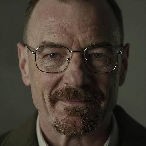 Close-up photograph of a middle-aged man with glasses, short brown hair, beard, and wrinkled skin, wearing a dark suit against a dark background