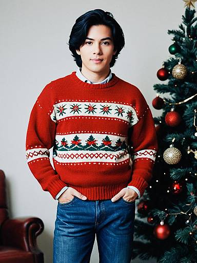 Young Man Wearing Christmas Sweater by Tree