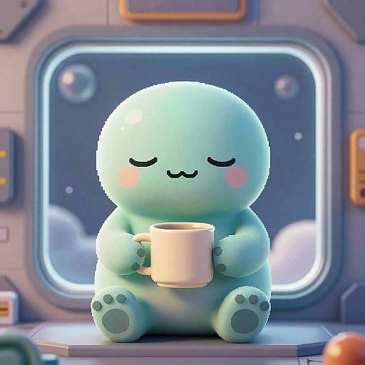 Digital artwork of a cute, pastel blue, chubby, round-faced creature with closed eyes, pink cheeks, holding a white mug, sitting in a
