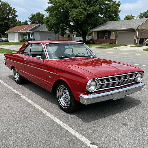 Photograph of a classic, vibrant red 1960s Chevrolet sedan with chrome accents, parked in a suburban neighborhood with trees and houses in the background