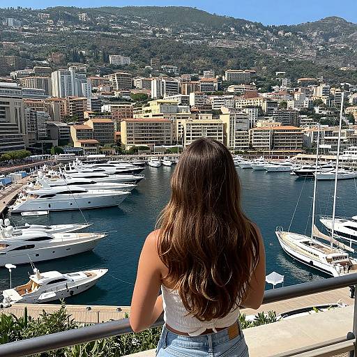 Photograph of a woman with long brown hair, wearing a white crop top and denim shorts, overlooking a bustling marina and cityscape with hills in